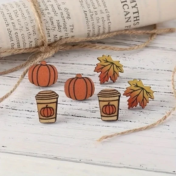 3 Pair Set Wood Fall Thanksgiving Themed Earrings