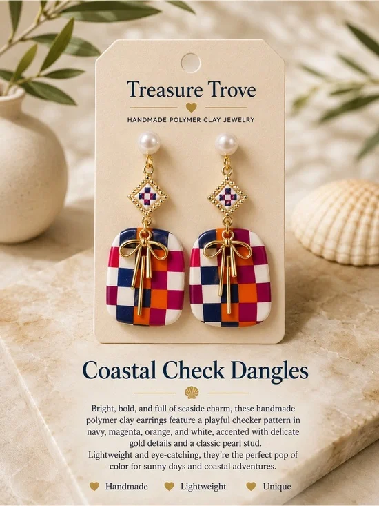 Treasure Trove Coastal Check Dangle Earrings - Navy, Magenta & Orange