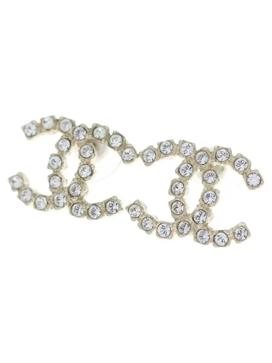 Chanel CC Logo Rhinestone Stud Earrings Gold