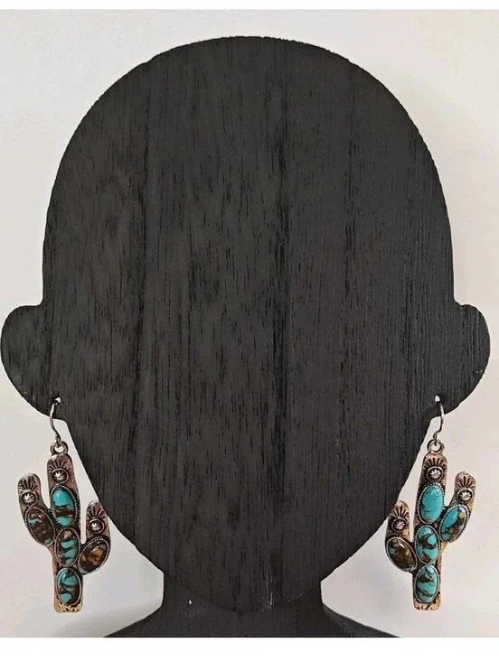 Southwestern Dangle Earrings Turquoise Saguaro Cactus Etched Sunburst Silver 2