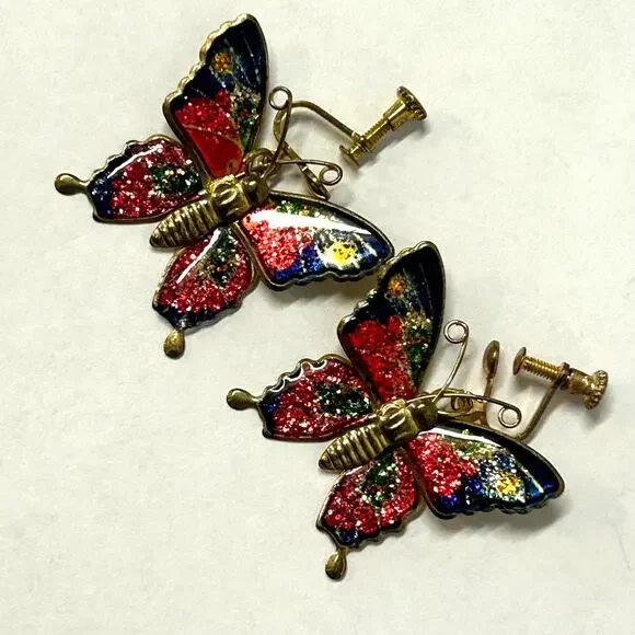 Vintage Glitter‎ Enamel Butterfly Screw Back Earrings
