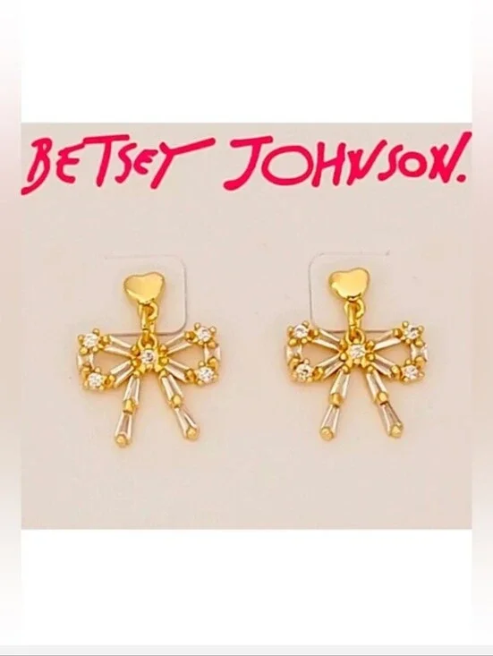 Betsey Johnson Gold-toned Rhinestone Bow Drop Earring Set NWT/NIB