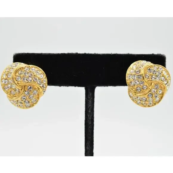 1980s Roman Vintage Earrings Sparkling Pave Rhinestone Crystal Gold Signed Bin1