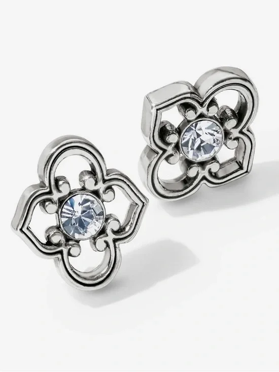 Crystal-Accent Filigree Stud Earrings - Silver