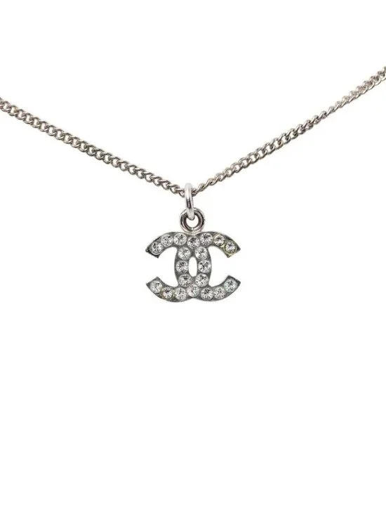 Chanel CC Logo Necklace Silver Metal Rhinestone