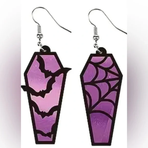 Coffin Bats and Webs Dangling Earrings Halloween purple and black NEW