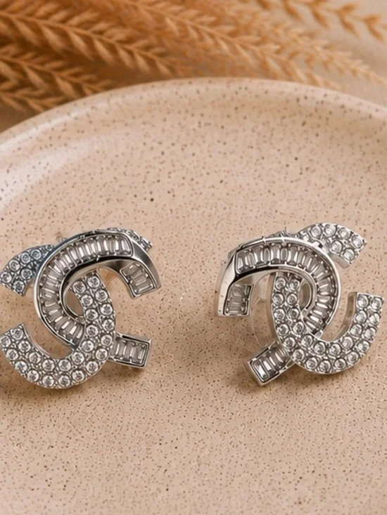 Designer Inspired Silver Crystal Logo Stud Earrings | Luxe Statement