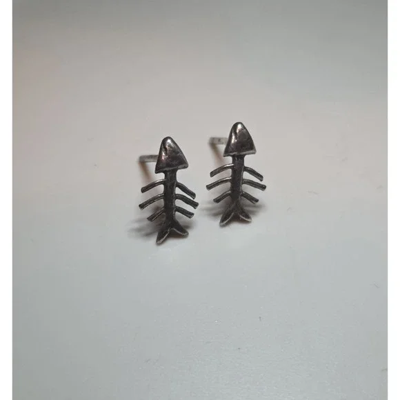 Unique‎ Sterling Silver Fish Bone Stud Earrings Fishing 925