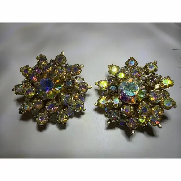Vintage AB Rhinestone Clip On Earrings Aurora Borealis Starburst Gold Tone Round