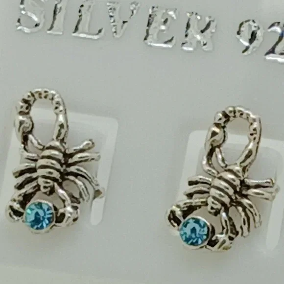 Scorpion Stud Earrings 925 Sterling Silver Blue Crystal‎ Scorpio Zodiac Jewelry