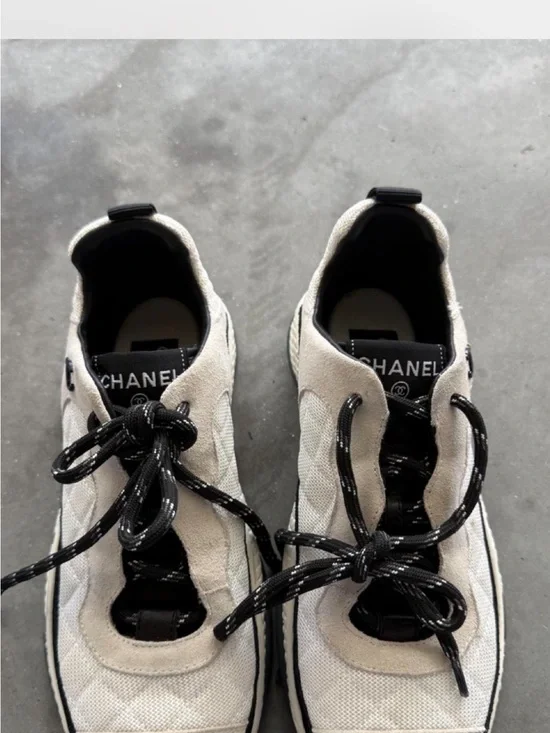 CHANEL Cream and Black Quilted Lace-Up Sneakers