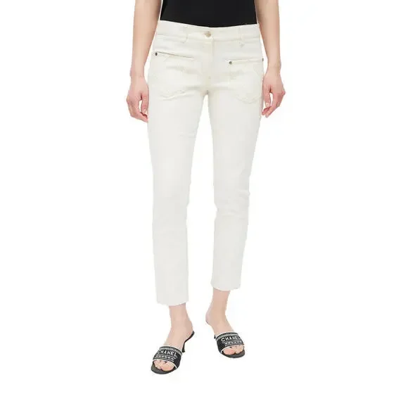 Vintage 07P CHANEL FR-36 Slim Leg Cream Cotton Jeans Pants 2007