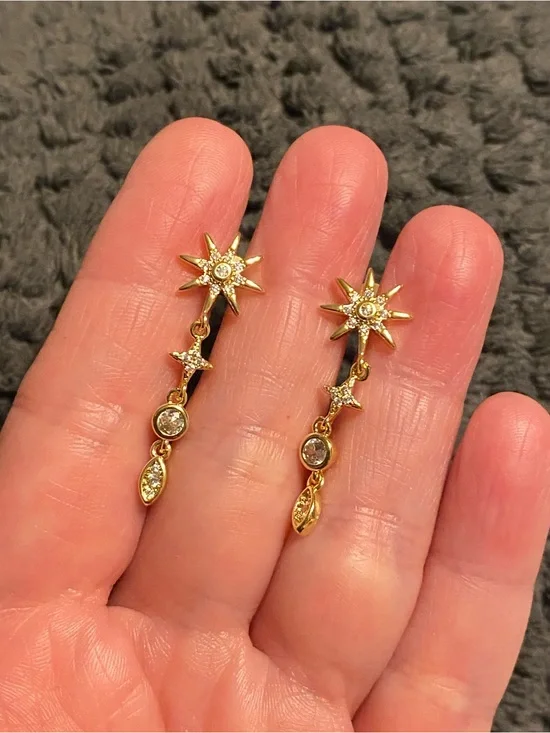 Gold Starburst Drop Earrings - Gold Tone