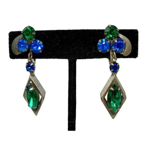 Vintage Rhinestone Dangle Earrings Blue Green Drop Clip-On‎ Jewelry