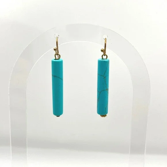 Faux Turquoise‎ Cylinder Bar Drop Earrings Gold Tone Wire Hooks Blue Marbled