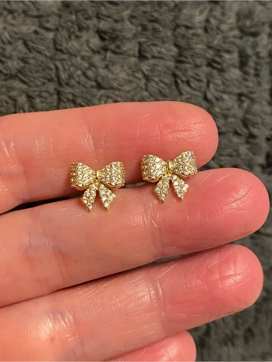 Gold Bow Crystal Stud Earrings - Women Jewelry