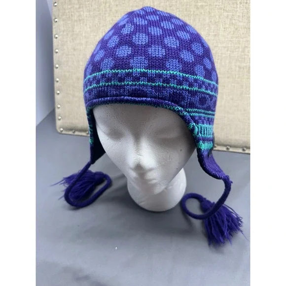 Columbia Youth Winter Hat Fleece‎ Lined Earmuffs Tassels Purple Blue