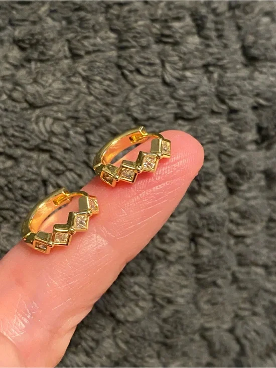 Gold Zigzag CZ Huggie Hoop Earrings - Women Jewelry