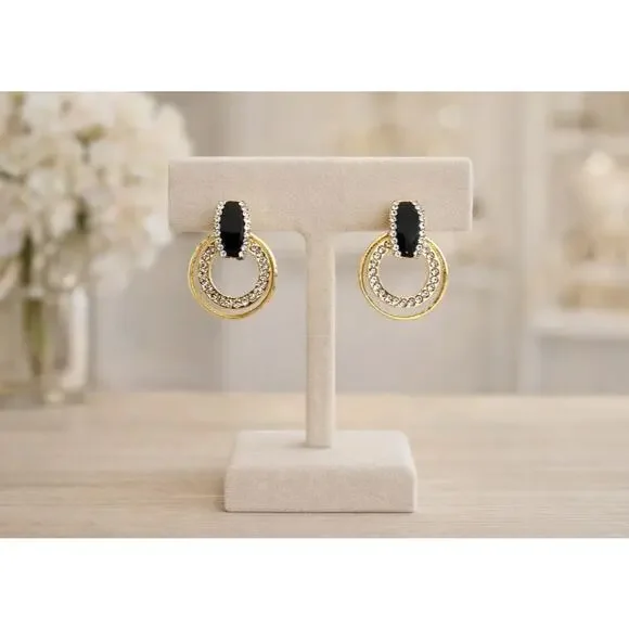 Gold Black Rhinestone Round Earrings New
