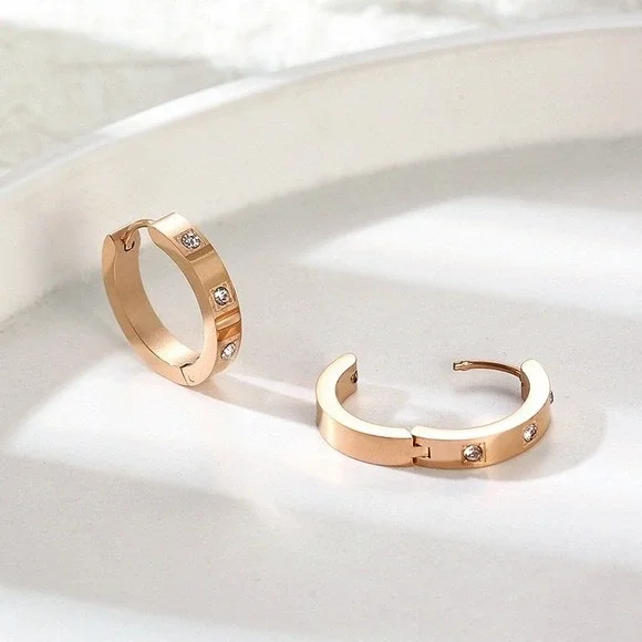 Rose Gold Stainless Steel Hoop Earrings with Crystal Accents Women‎