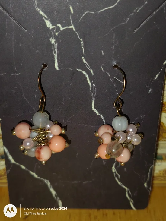 Cluster Bead Dangle Drop Earrings Peach White Gold Tone Boho Whimsigoth Vintage