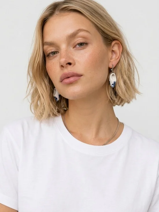 Vintage Hand-Painted White and Blue Shoe Earrings
