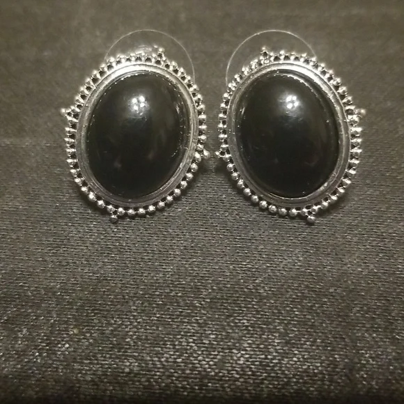 Vintage Silver Tone and Black Enamel Earrings