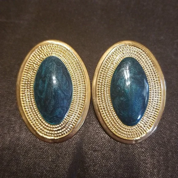 Vintage Gold Tone with Smimmery Teal and Black Center Earrings
