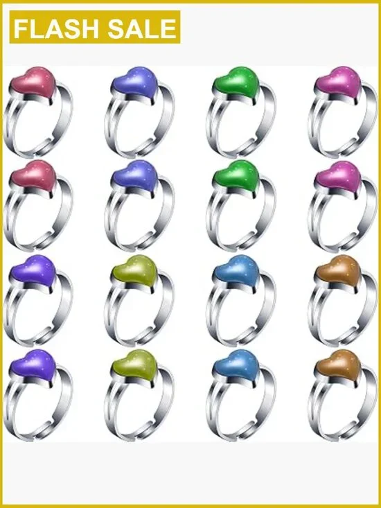 16 Pack Adjustable Mood Rings Heart Shape Color Changing Ring Set for Kids