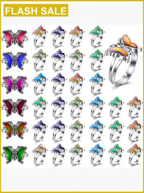 30 Pack Adjustable Mood Rings Butterfly Color Changing Rings for Kids Party