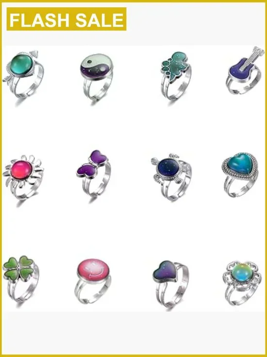 12 Mood Rings Adjustable Stainless Steel Temperature Color Change Party Favor