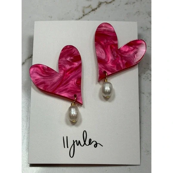 11Jules Hot Pink Marbled Acrylic Heart‎ Earrings with Freshwater Pearl Drops NEW