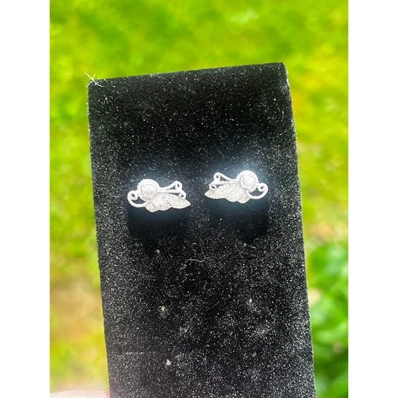 Vtg Art Deco Style Silver Wing Stud‎ Earrings Crystal Accent Whimsical Fairycore