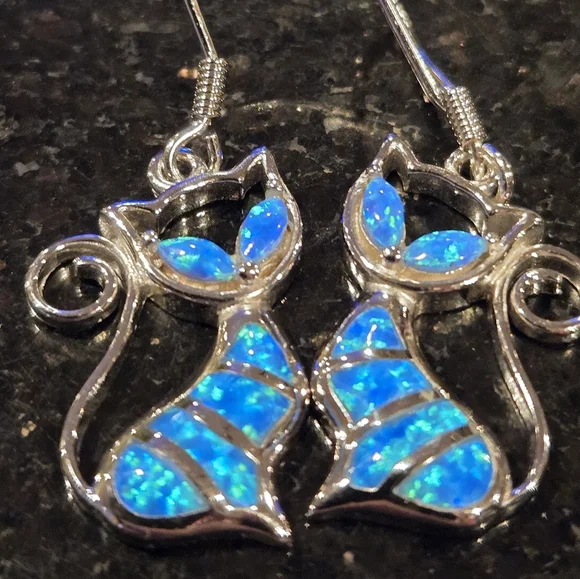Created Blue Opaline Cat Earrings Sterling Silver Kitty Stylized Dangle …