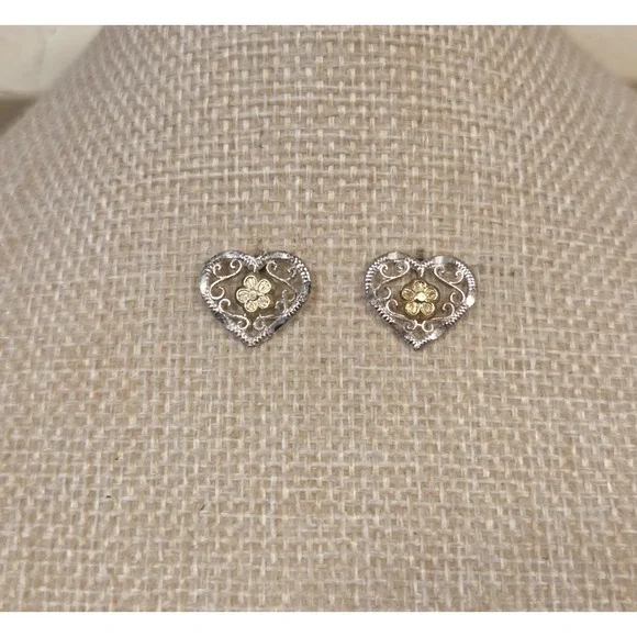 Vintage‎ Sterling Silver Filigree Heart Stud Earrings With 10k Gold Flowers