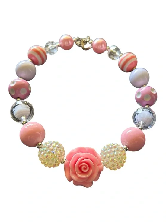 4/$20 Girls Pink Floral Rose Beaded Necklace