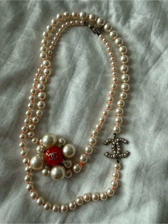 CHANEL Ivory Pearl Multi-Strand Necklace with Red Center and Crystal CC