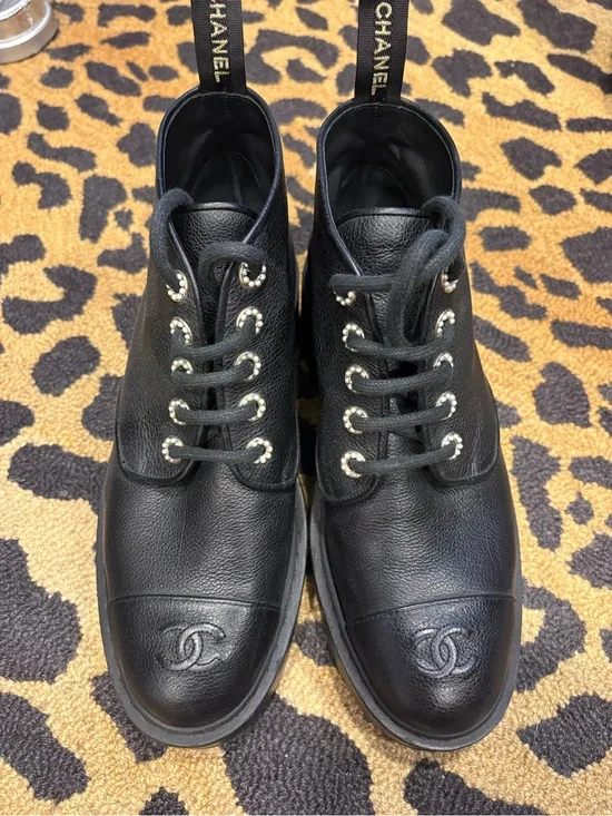 CHANEL Pebbled Leather CC Ankle Boots