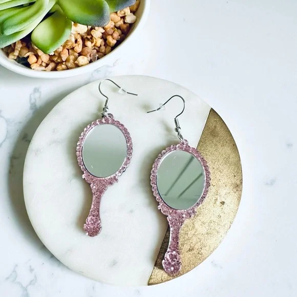 2/$30🌵 Vintage Style Pink Glitter Ornate Handheld Mirror Earrings Acrylic NEW