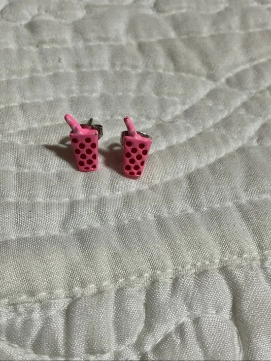 Pink Bubble Tea Stud Earrings for Kids