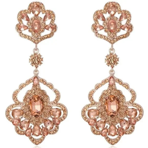 Rose Gold with Peach Morganite Austrian Crystal Teardrop Chandelier Earrings
