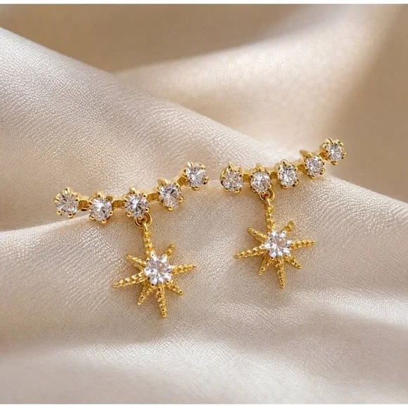 Gold Starburst CZ Drop Earrings‎ Dainty Celestial Earrings New