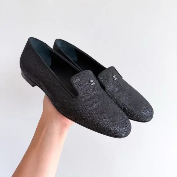 Chanel Interlocking CC Logo Glitter Slip On Loafer Flats Black 9 NEW