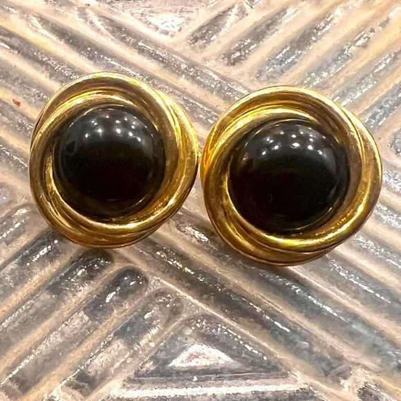 Vintage Signed TRIFARI Black Cabochon Gold Tone Pierced Earrings - 1960s‎