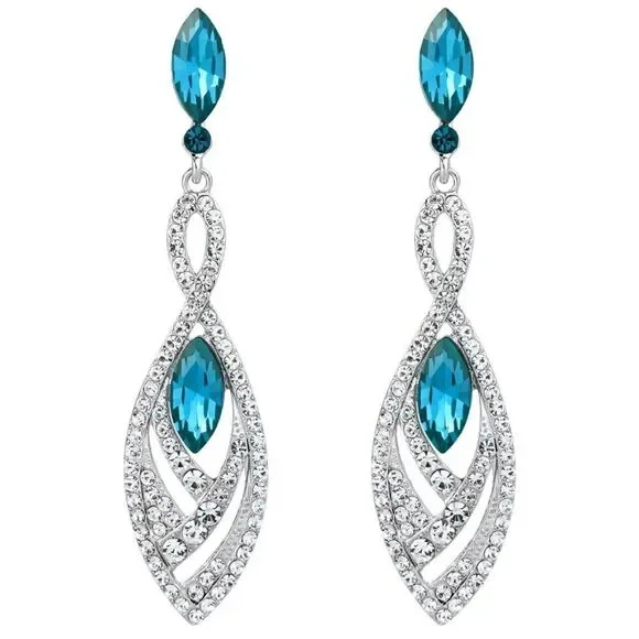 Silver with Blue Topaz and Diamond Austrian Crystal Twisted Chandelier Earrings
