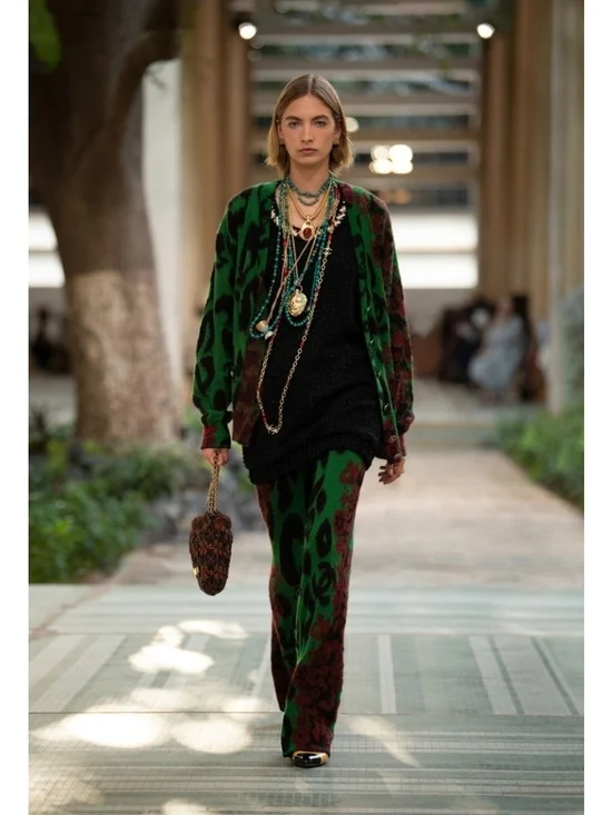 CHANEL Green and Burgundy Leopard-Print Wide-Leg Knit Pants