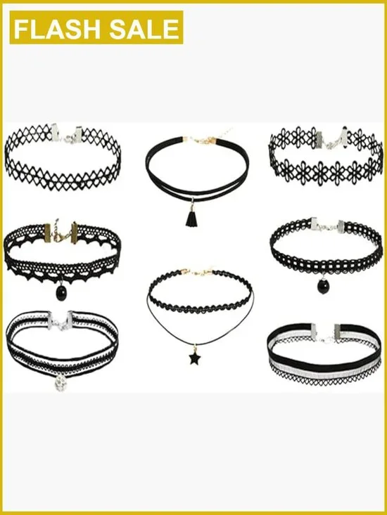 8-Piece Kids Choker Necklace Set - Velvet, Lace, Gothic Styles