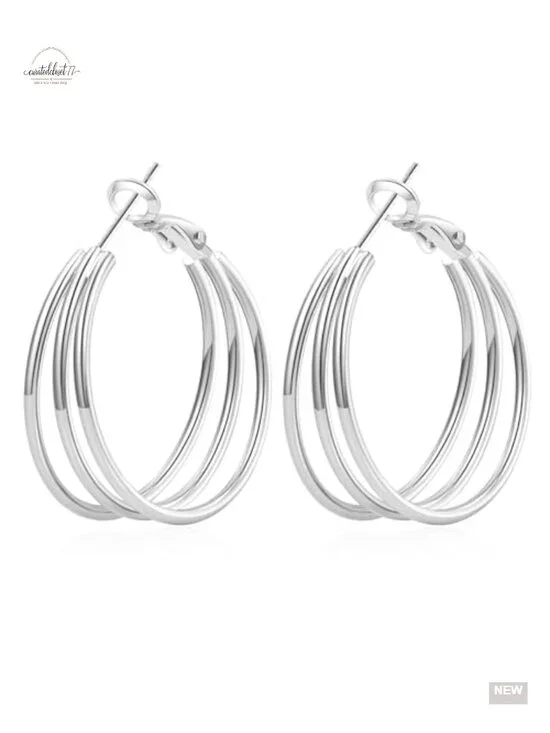 925 Sterling Silver Post Hoop Earrings Hypoallergenic Gold Plated Triple Hollow