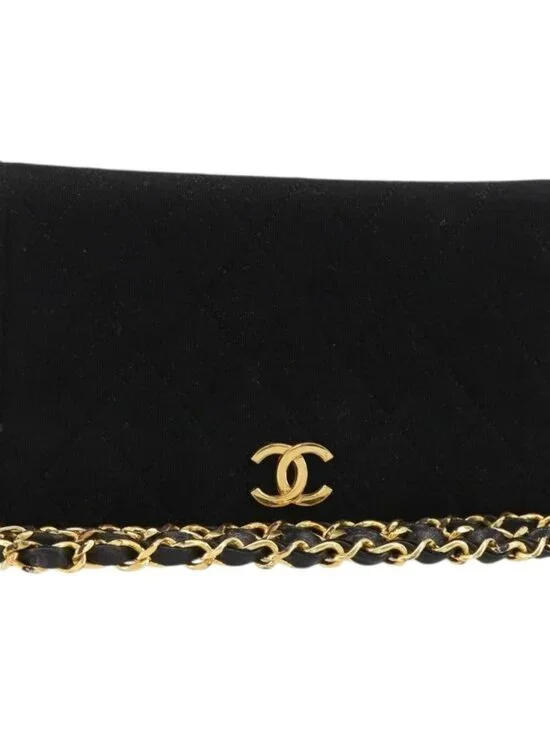 CHANEL Matelasse Chain Shoulder Bag Cotton Black Gold CC Auth 184947