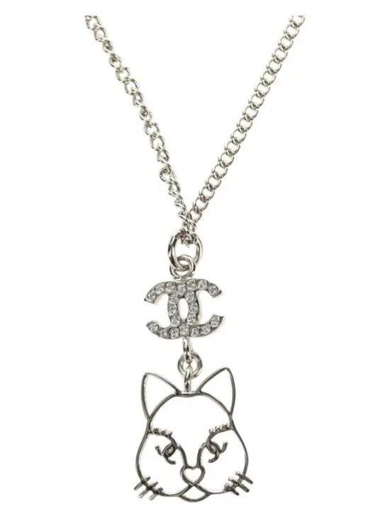 CHANEL COCO Mark Cat Necklace metal Silver CC Auth 184248M